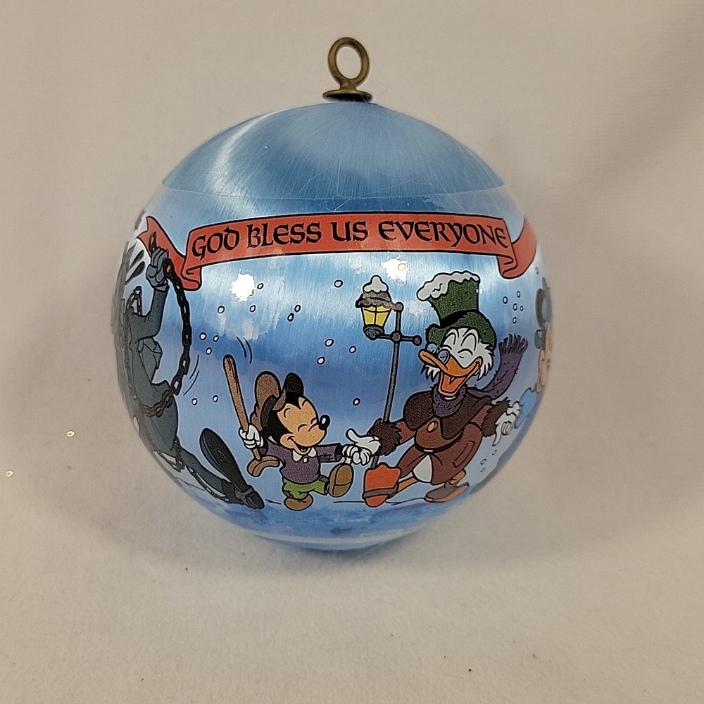 Disney Christmas Carol God Bless Us Everyone Large Satin Ball Ornament Vtg Blue